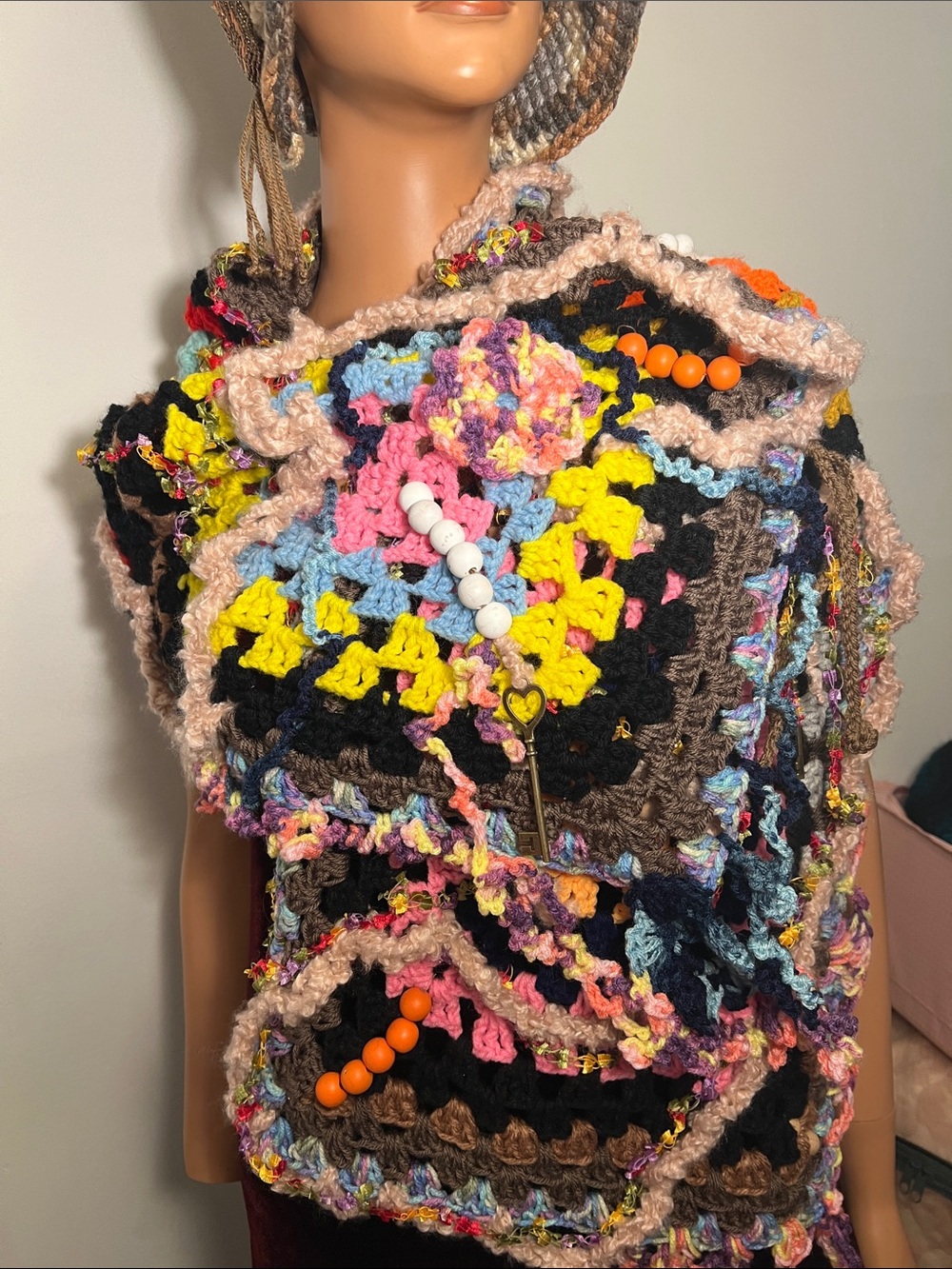 Handmade Multicolor Crochet Wrap Scarf with Bead Accents